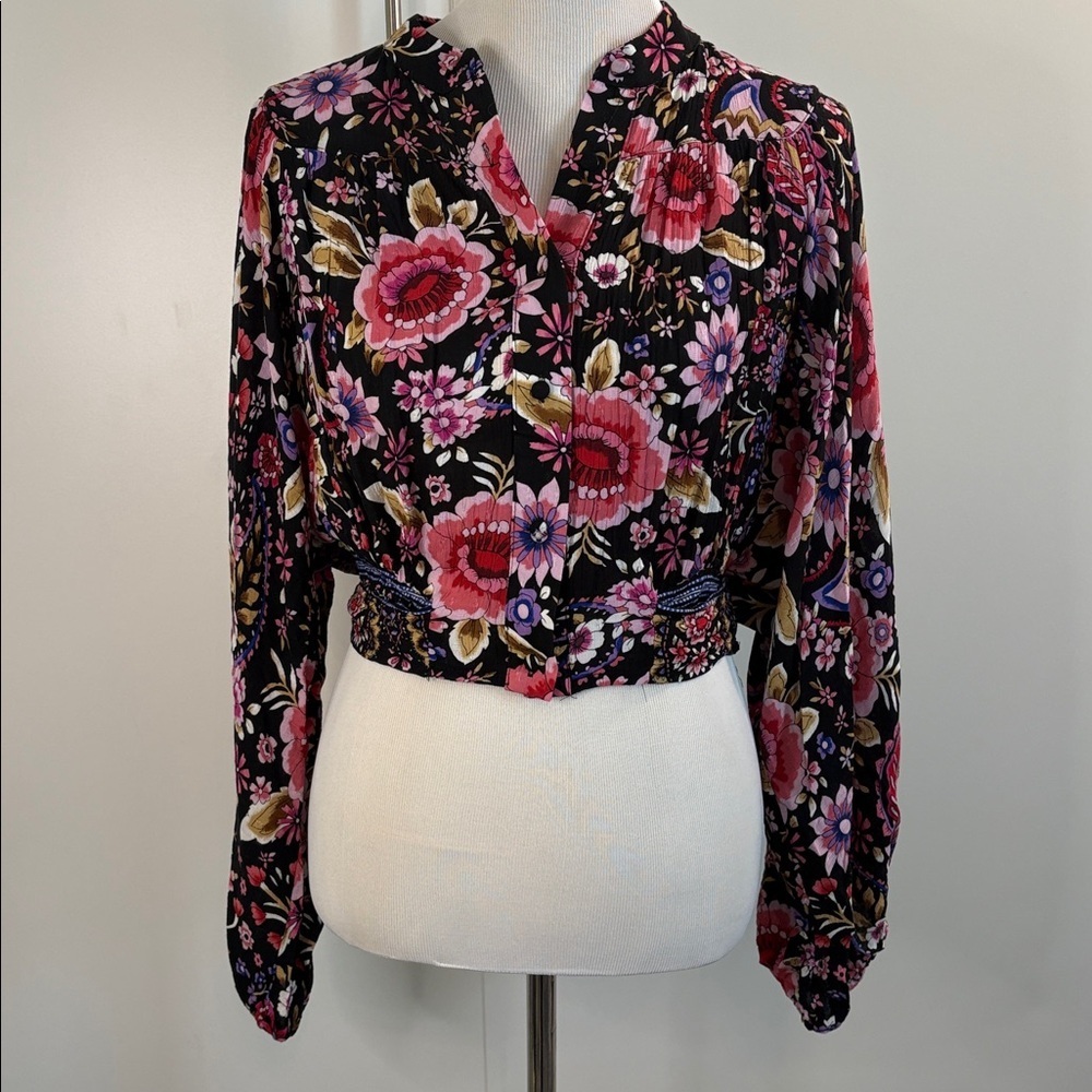 Cynthia Rowley Black Floral Tie-Front Cropped Long Sleeve Pheasant Blouse | L
